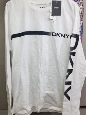 DKNY White Long Sleeve Tee with Black Logo Stripe